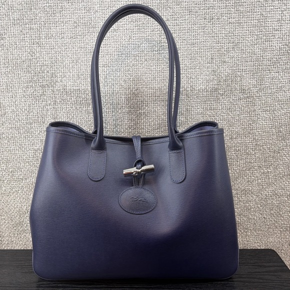 Longchamp Handbags - LongChamp Tote Bag Medium Navy Blue Roseau Leather Toggle  Shoulder Handbag
